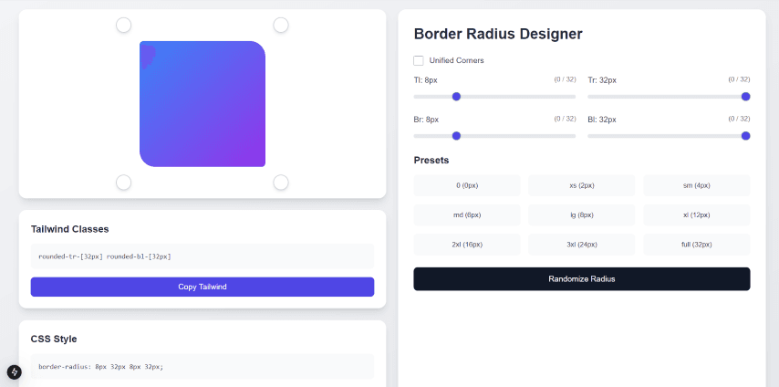 Border Radius Designer - CSS and Tailwind CSS generator tool