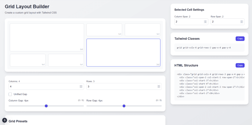 Tailwind Grid Generator - CSS and Tailwind CSS generator tool