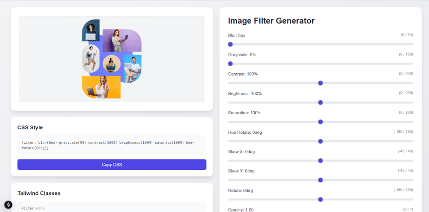 Image Filter Generator - CSS and Tailwind CSS generator tool