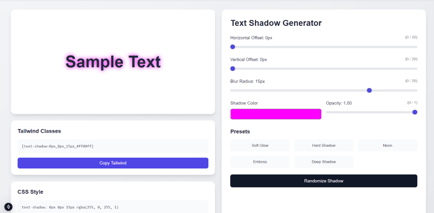 Text Shadow Generator - CSS and Tailwind CSS generator tool